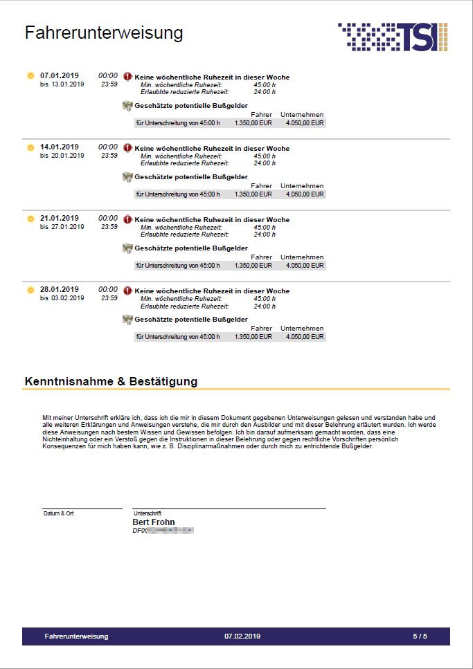 Ausweisung aller Verstöße in den Unterweisungsunterlagen für jeden Fahrer